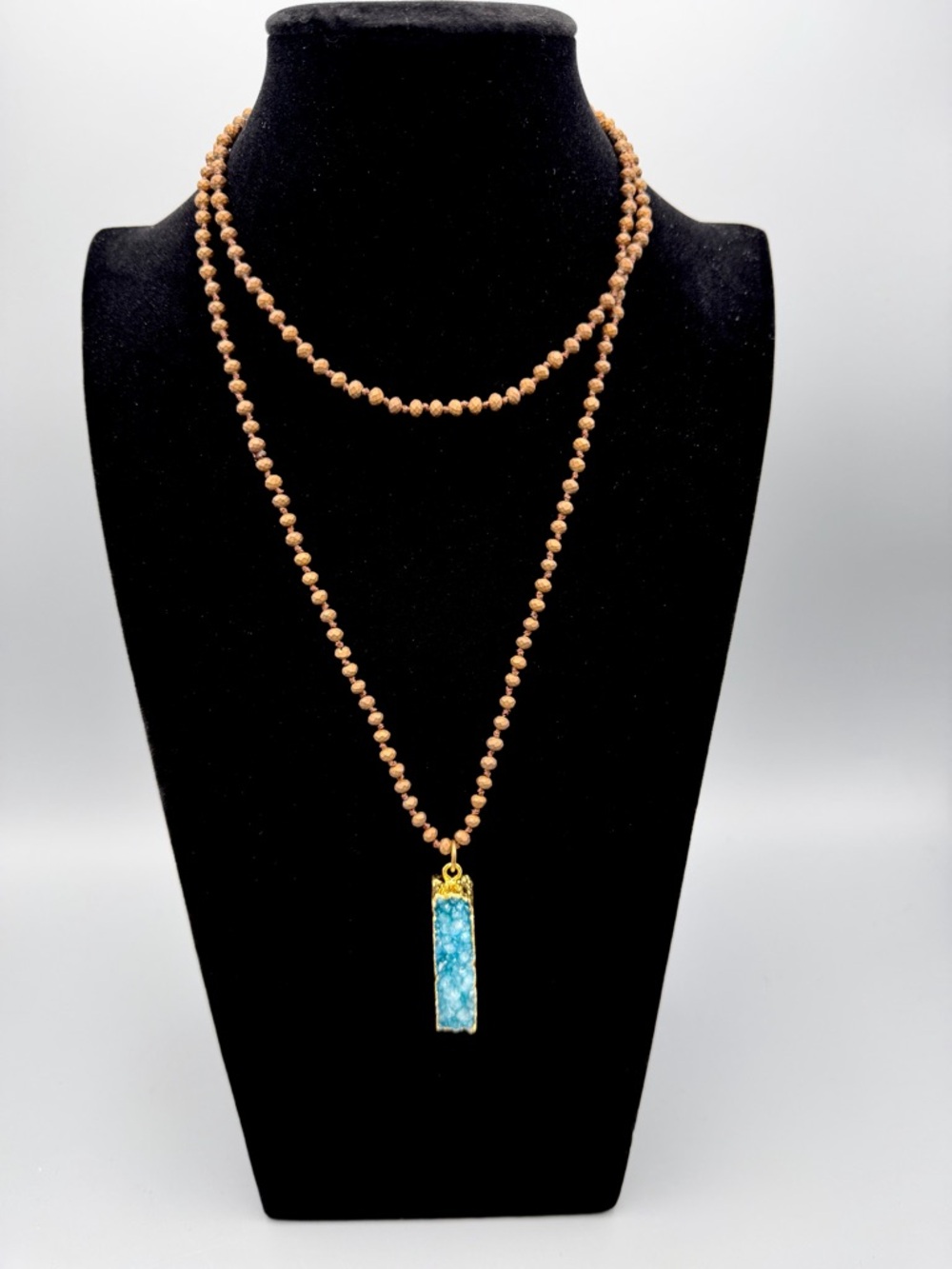 Long Beaded Necklace 36” Turquoise Pendant Bronze Tone Boho Pullover